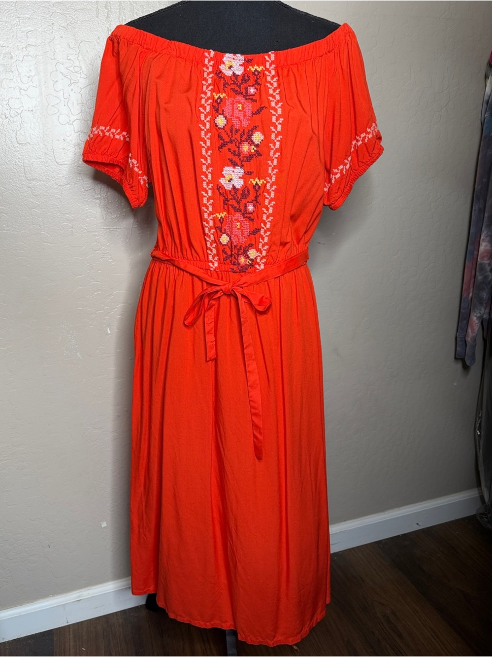 Old Navy Red Embroidered Off-Shoulder Midi Dress with Waist Tie